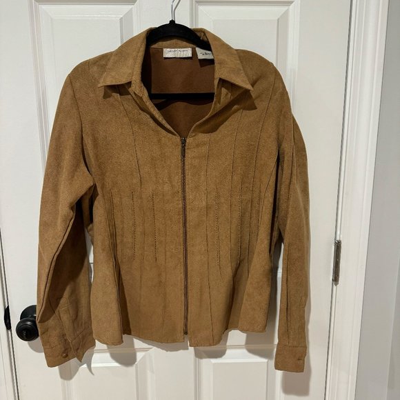 Lemon-Grass Tan Vegan Suede Zip Up Light Weight Jacket - Size Large - Picture 1 of 10
